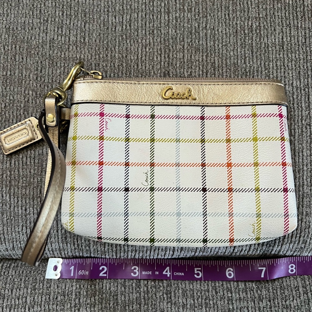 Coach Gold Plaid Wristlet with Leather Trim